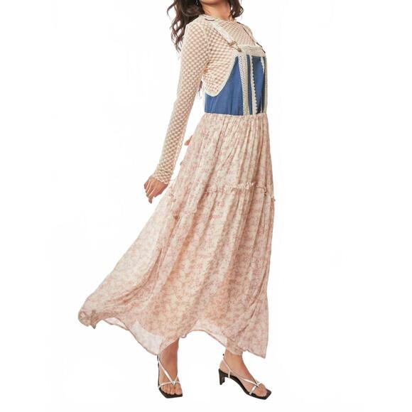 NEW DAVI & DANI denim with lace overall midi dress in pink floral - Picture 4 of 10